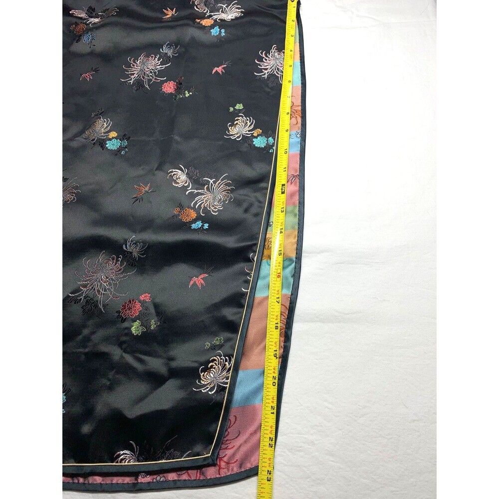 Vtg 70s Chinese Cheongsam Qipao Maxi Dress Black Floral Satin Rainbow Lining 38 - Picture 13 of 13